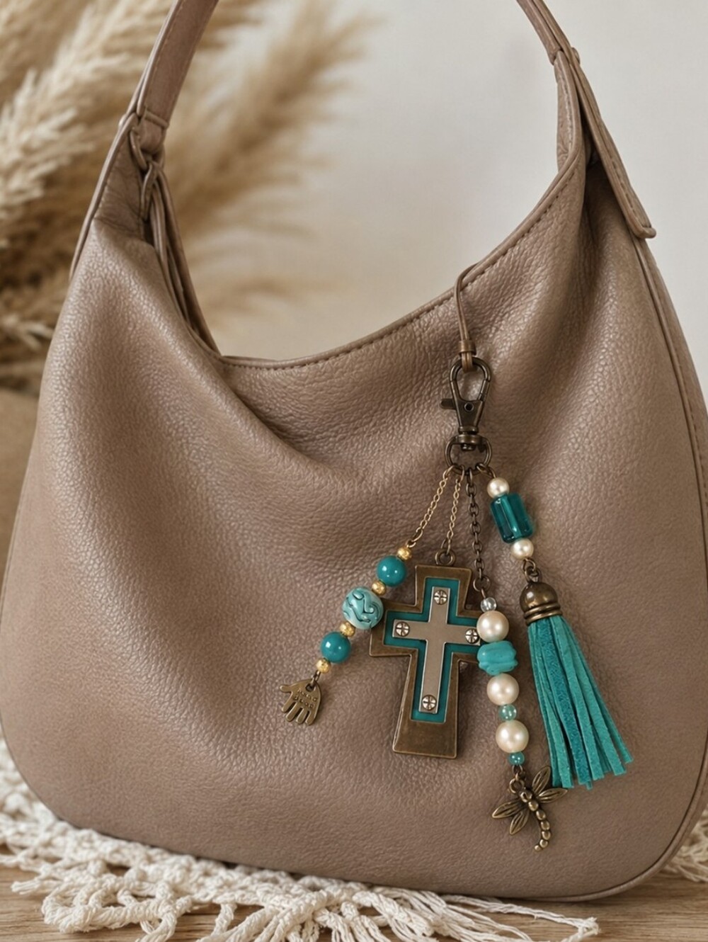 Artisan Cross Bag Charm with Tassel & Beaded Accents